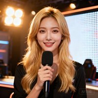 一位金发女性电竞解说员头像，手持麦克风，背景是明亮的演播室灯光和LED屏幕